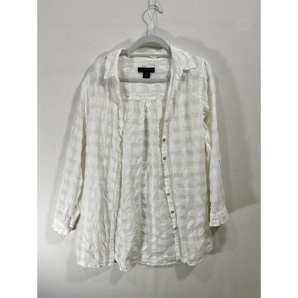 Tahari Linen Cotton Blend White Textured Long Sleeve Medium